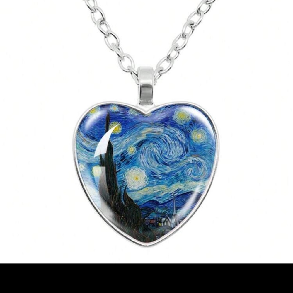 Heart-Shaped Starry Night Van Gogh Pendant Silvertone Necklace